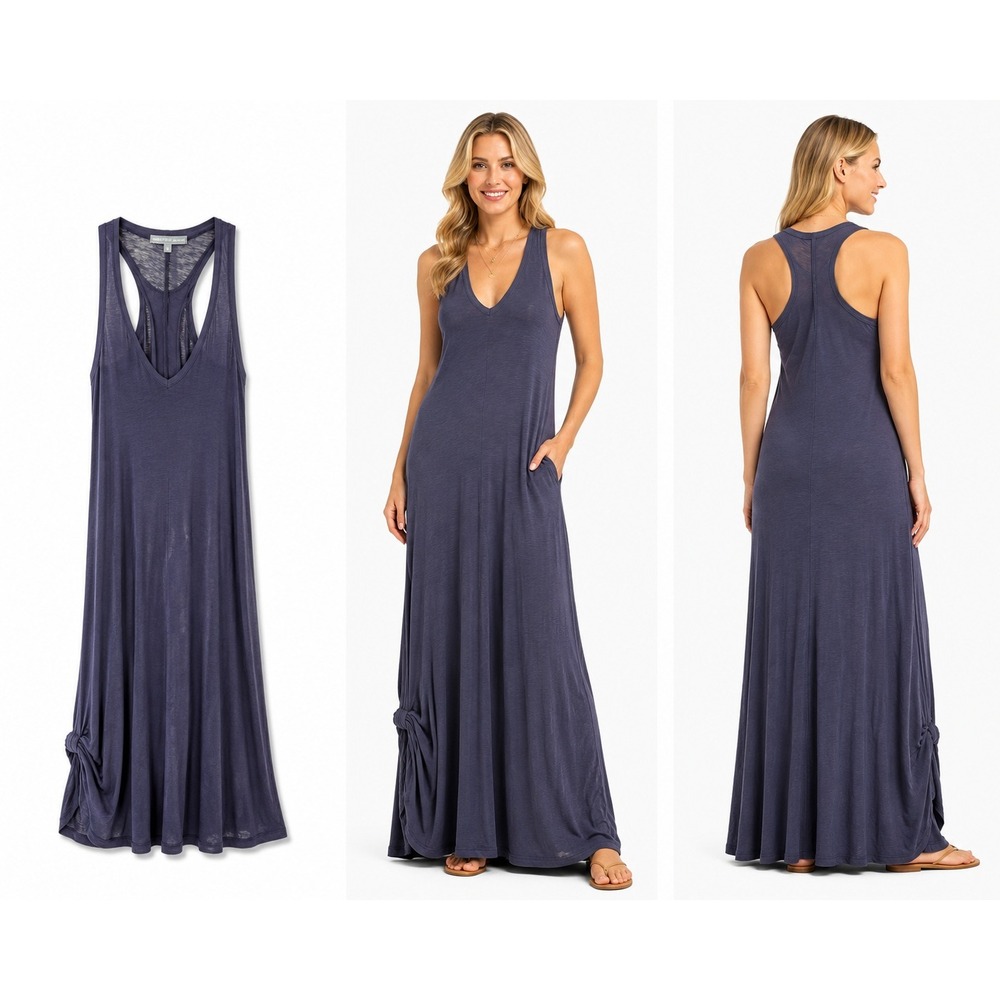 James Perse Maxi Dress Womens M Navy Blue Racerback Cotton V-Neck WUA6406 Slub